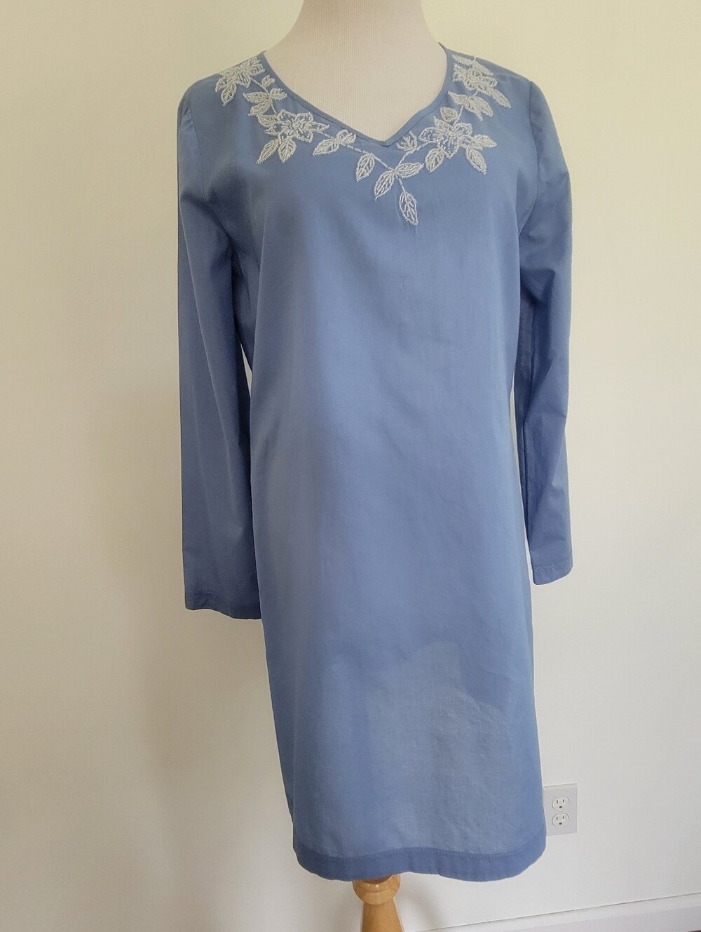 Light Blue Embroidered Bids V-Neck Long Sleeve Cotton Beach CoverUp Dress Size S